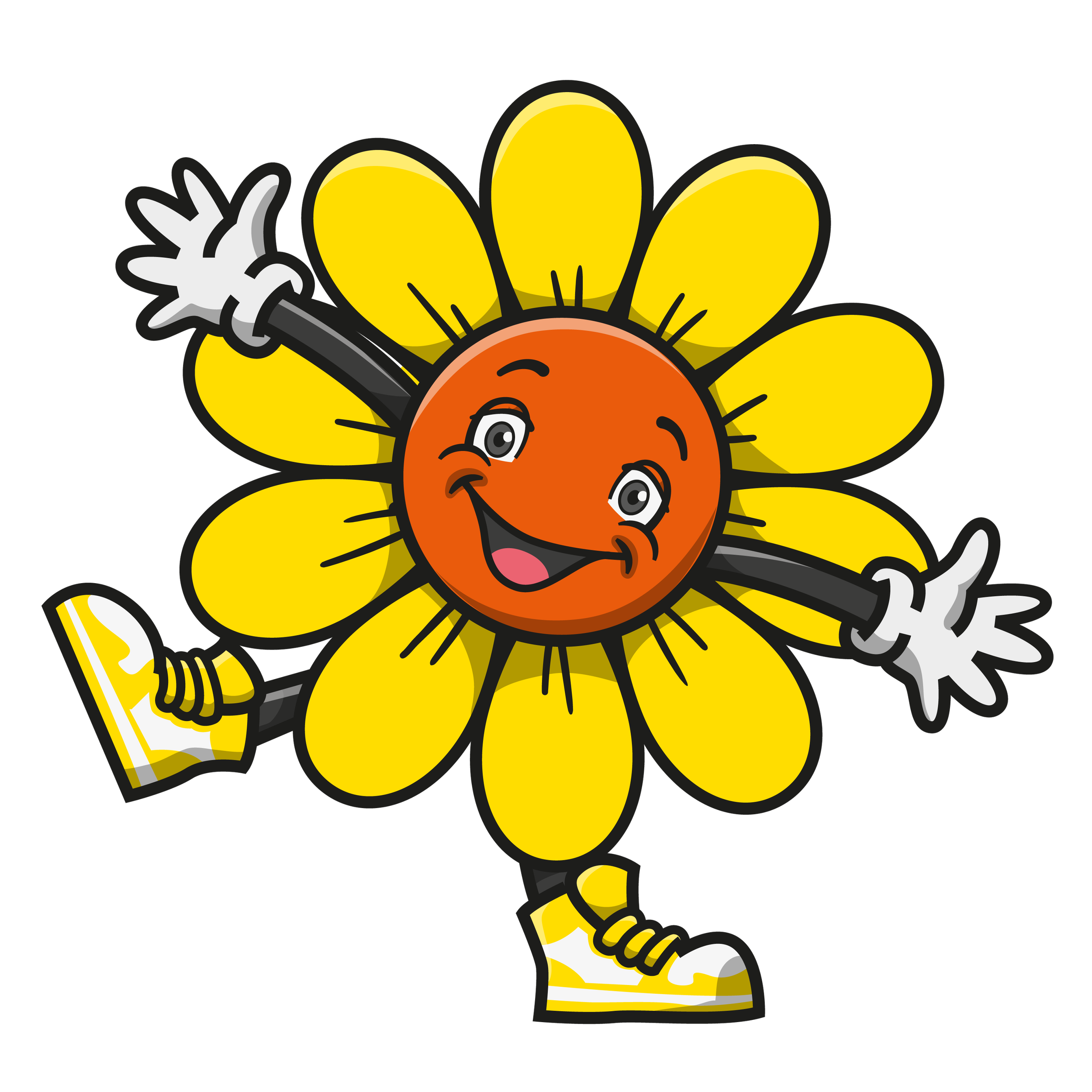 A cartoon sunflower with a happy face, arms, and legs, wearing yellow and white sneakers, waving.