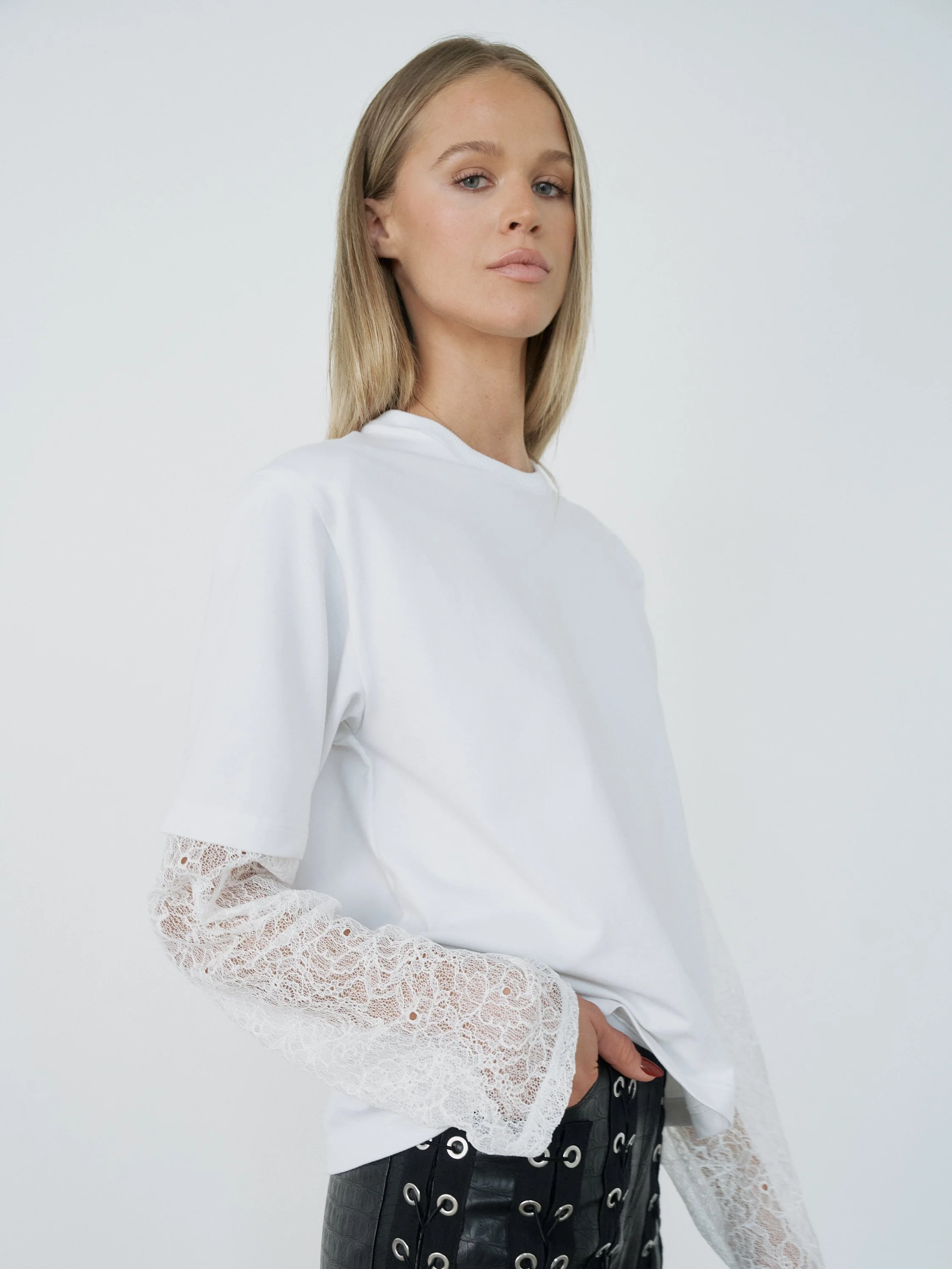 Organic Cotton T-Shirt with Lace Sleeves