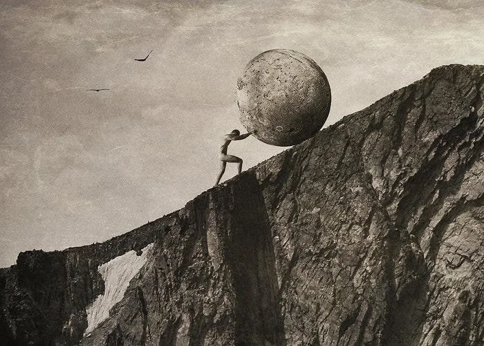 Sisyphus pushing a boulder uphill representing the mental load of small business owners