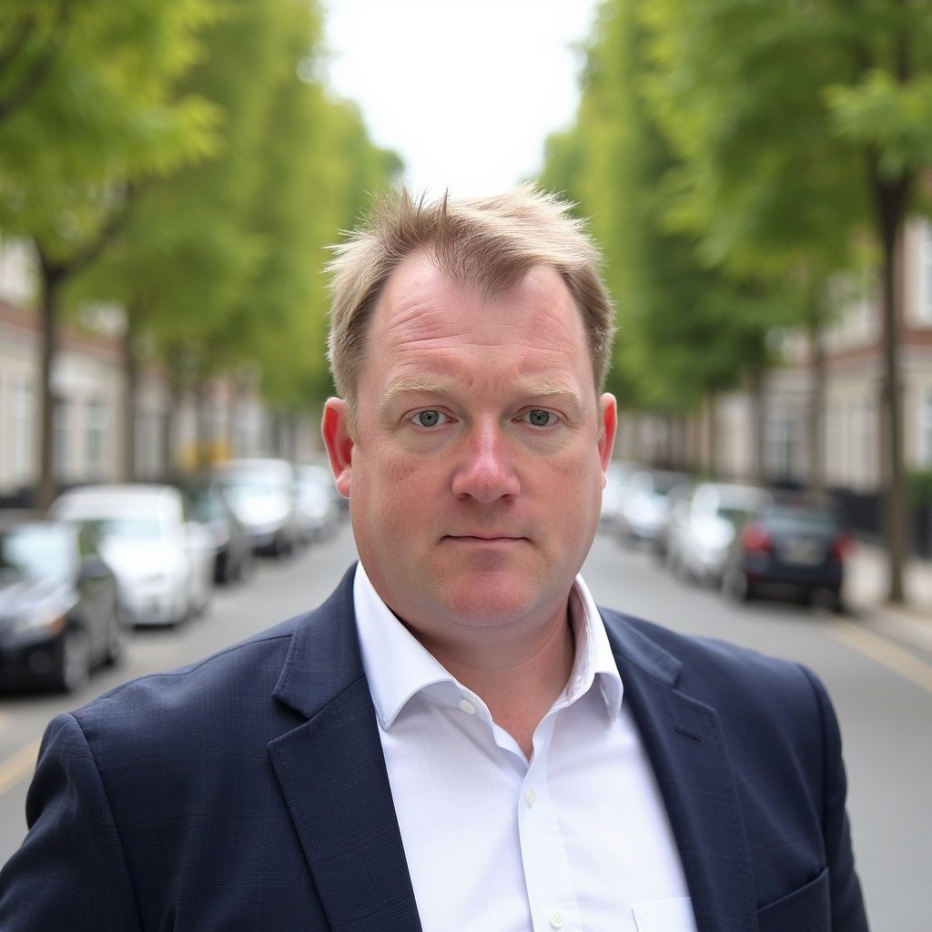 A man in a navy blazer and white shirt standing on a tree-lined city street with parked cars in the background.