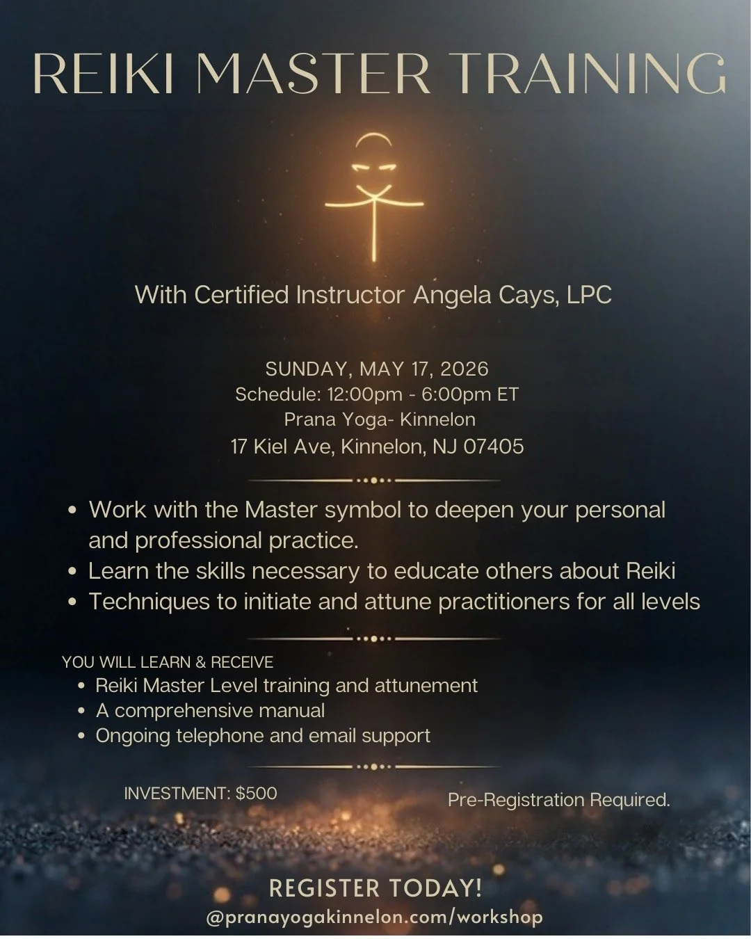 Take the next beautiful step on your healing journey. ✨

Join us on Sunday, May 17th, for an immersive, in-studio Reiki Master Training guided by the wonderful Angela Cays at Prana Yoga - Kinnelon.

 This training is a sacred opportunity to deepen yo