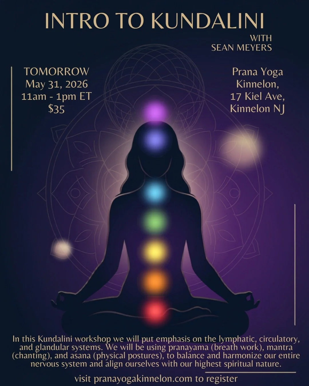 A gentle reminder to pause, breathe, and realign. ✨

Tomorrow, May 31st, join instructor Sean Meyers for an immersive Intro to Kundalini workshop.

In this session, we will lean into the profound practices of pranayama (breath work), mantra (chanting