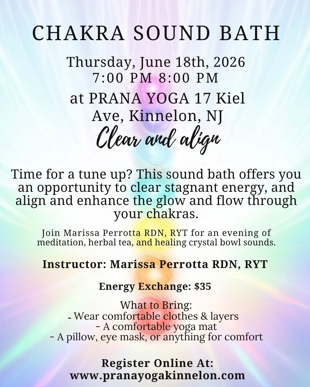 Is it time for a personal tune-up? 💃

We warmly invite you to clear, align, and restore with us.

Join Marissa Perrotta RDN, RYT for an enchanting Chakra Sound Bath on Thursday, June 18th. This restorative evening offers you a unique opportunity to 