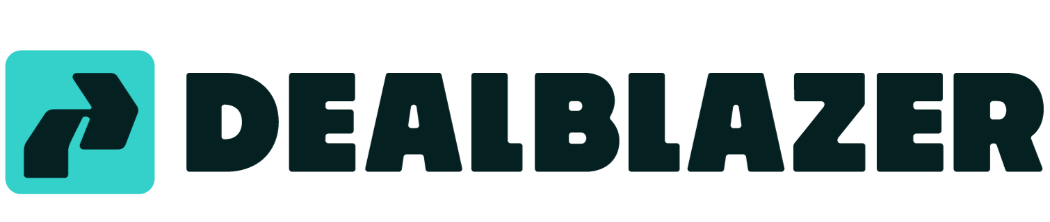 Deal Blazer logo in black and turquoise. Square with an arrow in the middle.