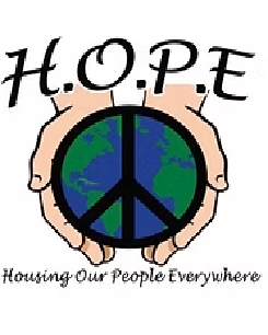 Two hands holding a globe with peace signs, with the word "HOPE" above and "Housing Our People Everywhere" below.