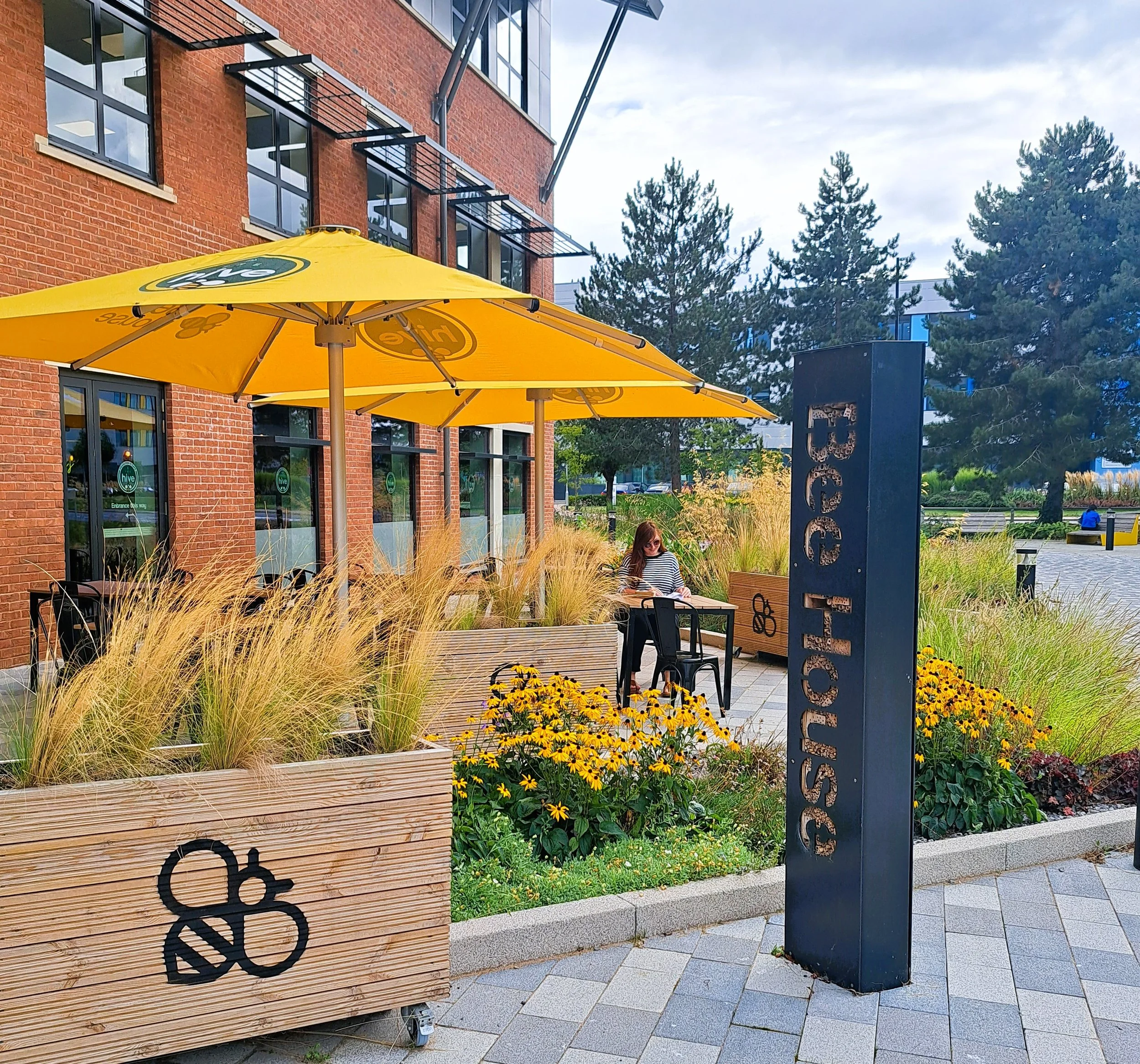 A photo of a woman sat at a table reading a book under brightly coloured yellow umbrellas surrounded by yellow flowers and a planter with a bee graphic