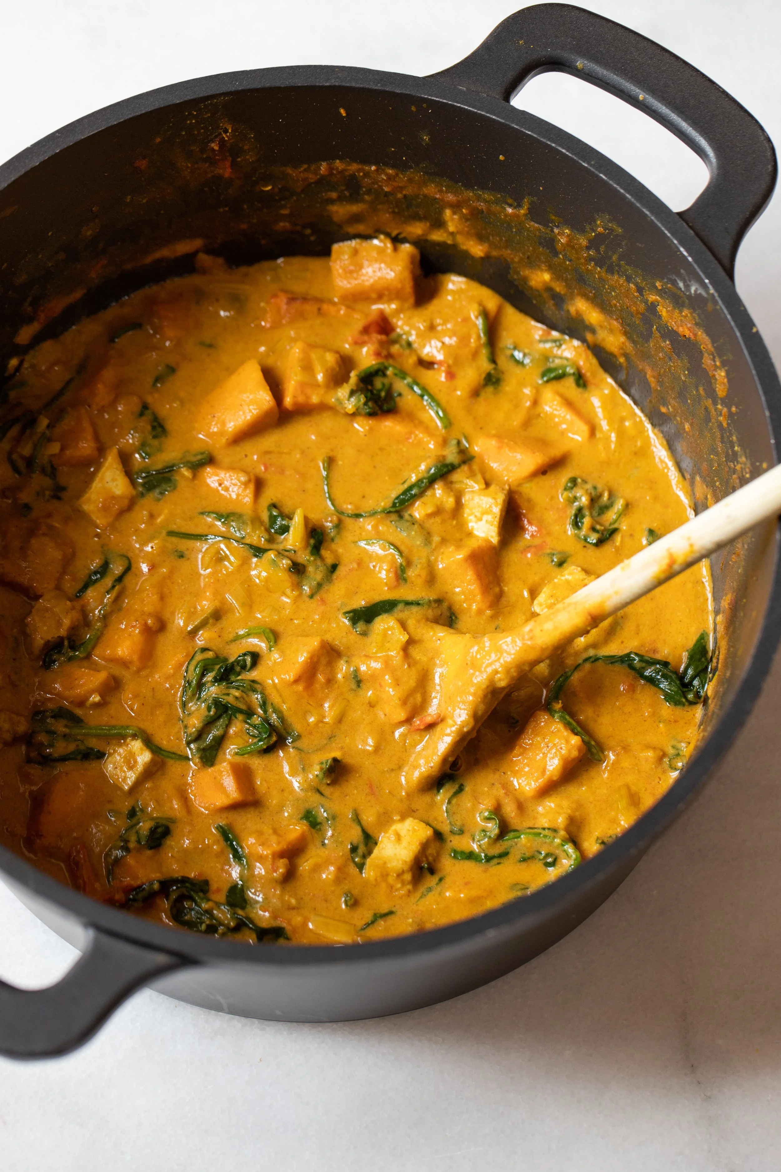 Ensopado de frango com verduras em uma panela preta, com um utensílio de cozinha dentro