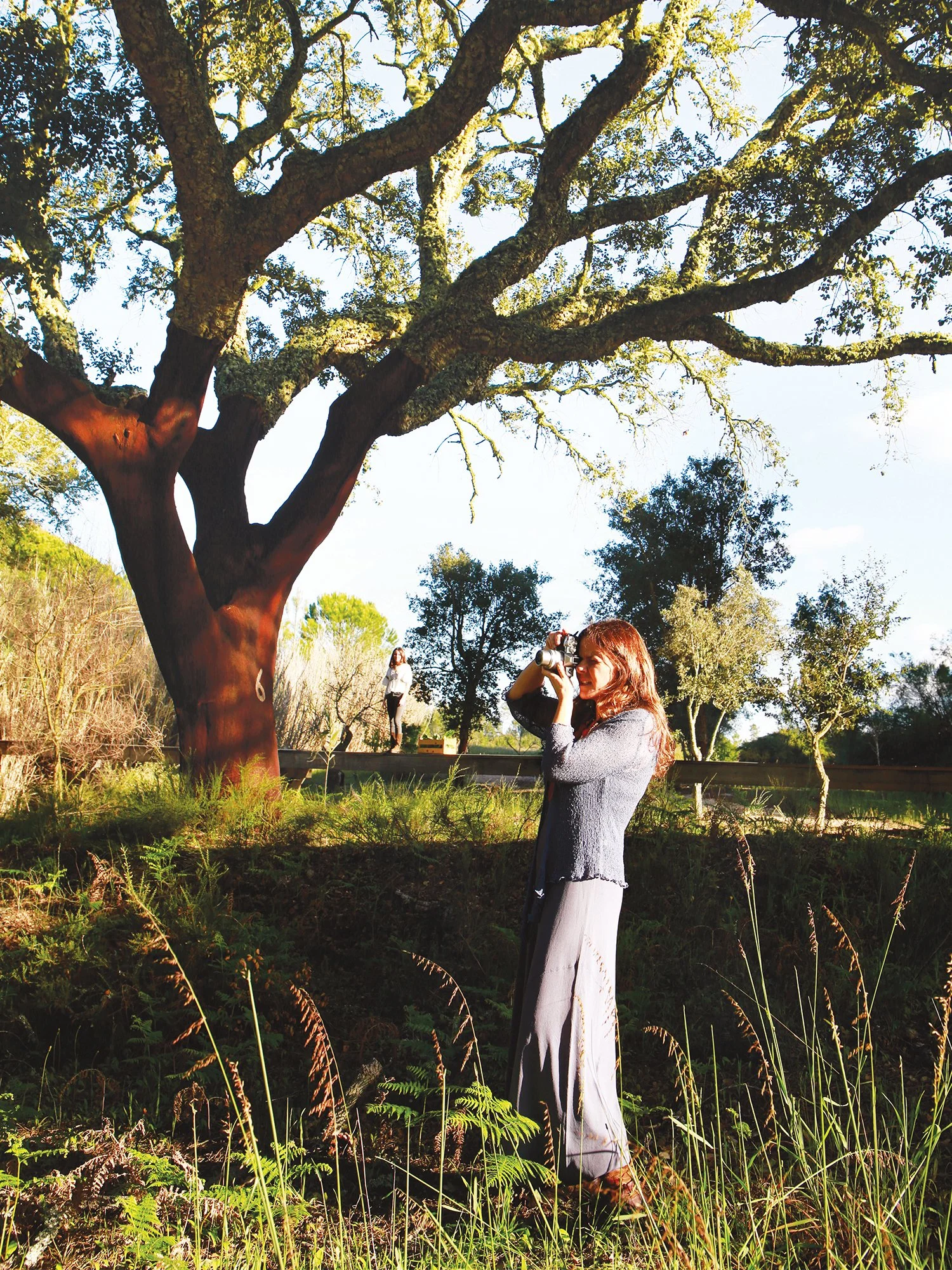 Mulher com cabelo castanho/ruivo usando camiseta cinza e calça longa cinza claro, segurando uma câmera, ao ar livre com árvores e grama, sob céu claro.