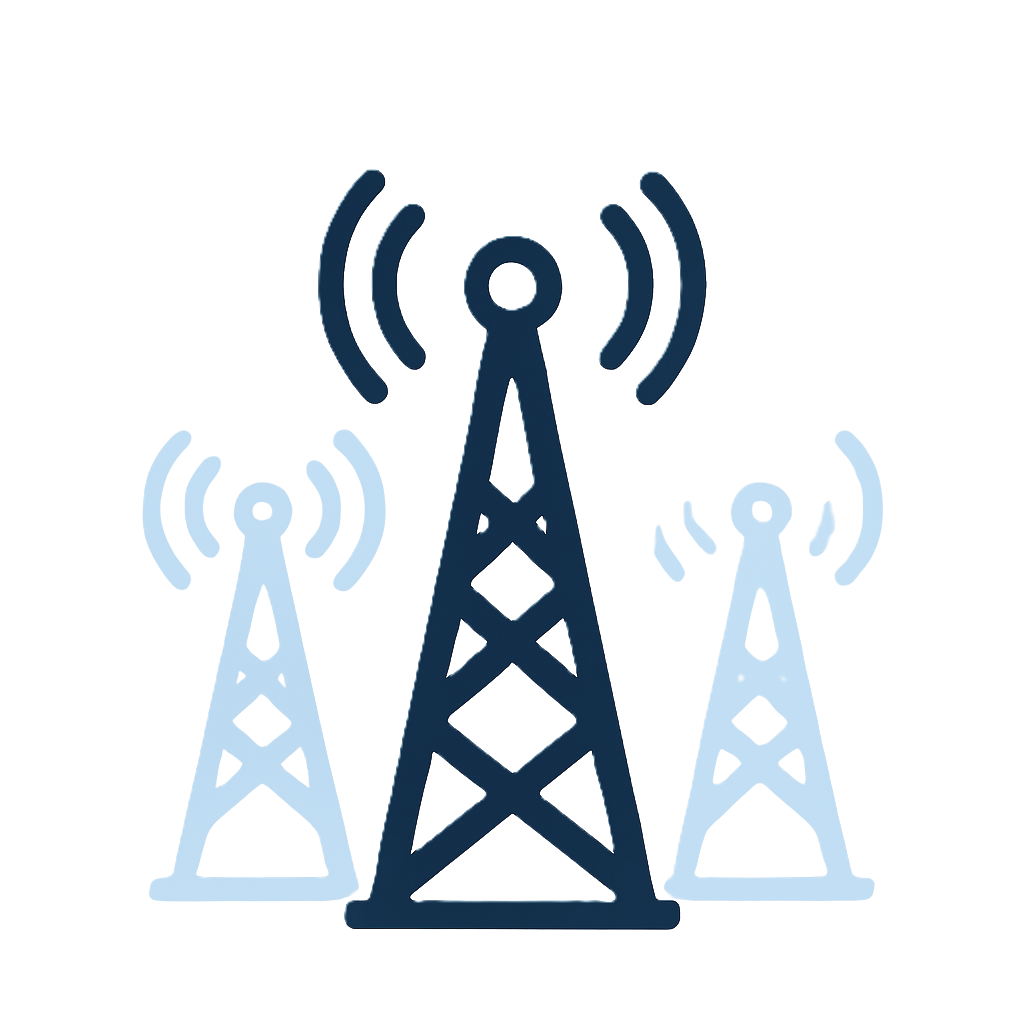 Three radio tower icons emitting signals, with the middle tower being larger than the two on the sides.