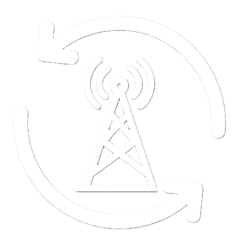 Icon of a radio tower transmitting signals, surrounded by circular arrows indicating wireless communication or data transfer.