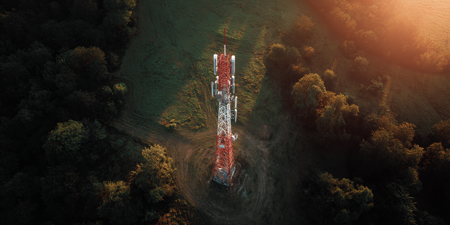 An aerial view of a large red and white communication tower in a wooded area, with trees and grassy fields around, during sunset.