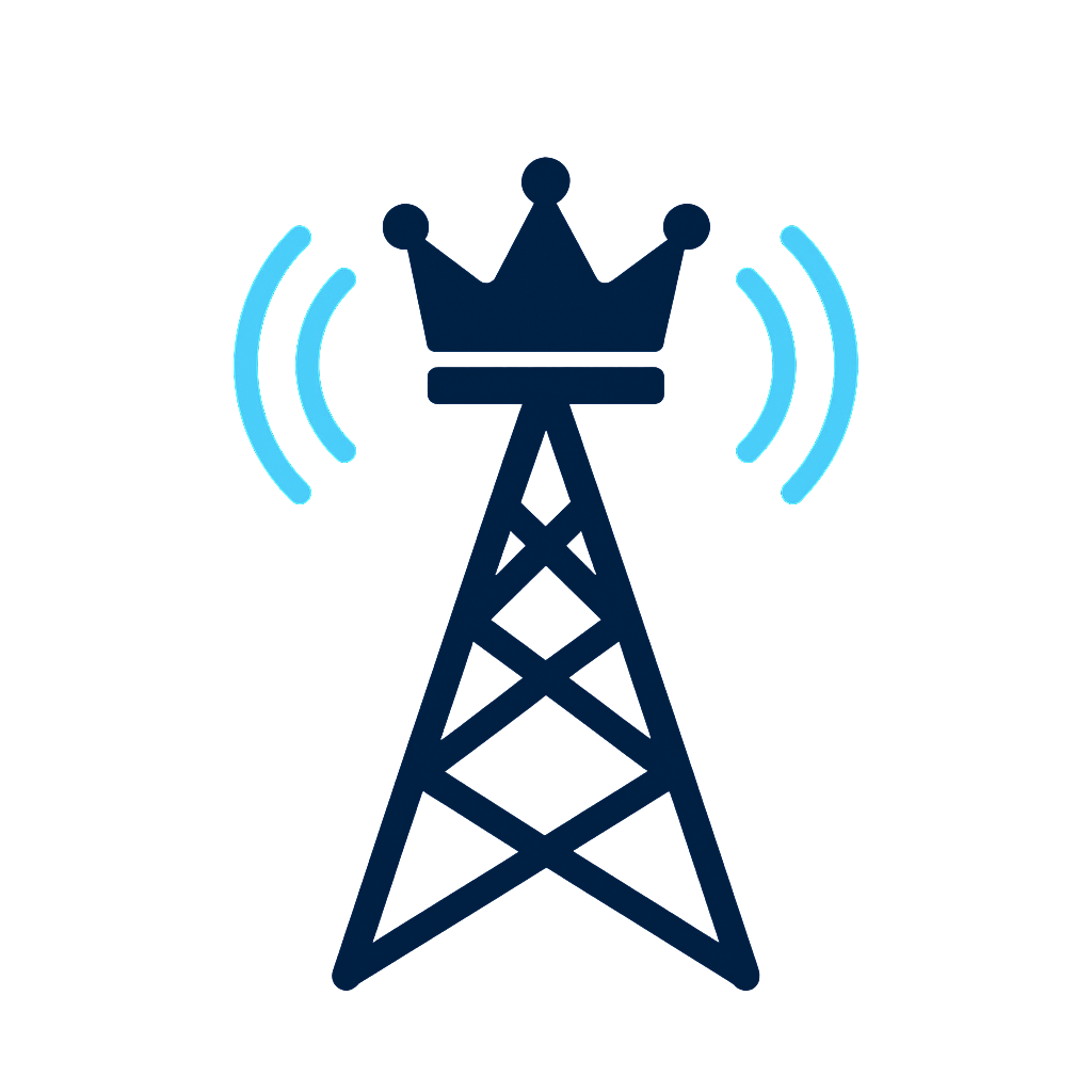 Illustration of a radio tower emitting signals with a crown symbol on top.