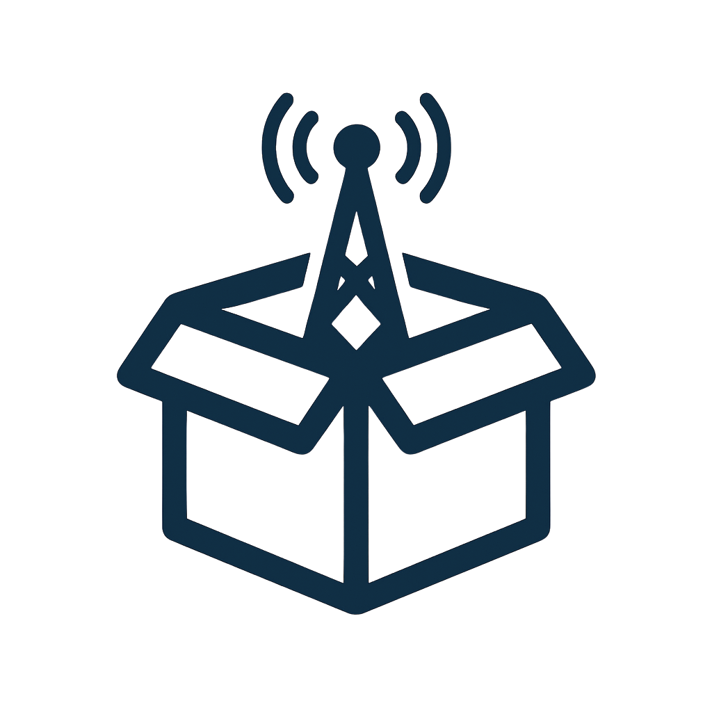 Icon of a cardboard box with an antenna on top, emitting wireless signals.