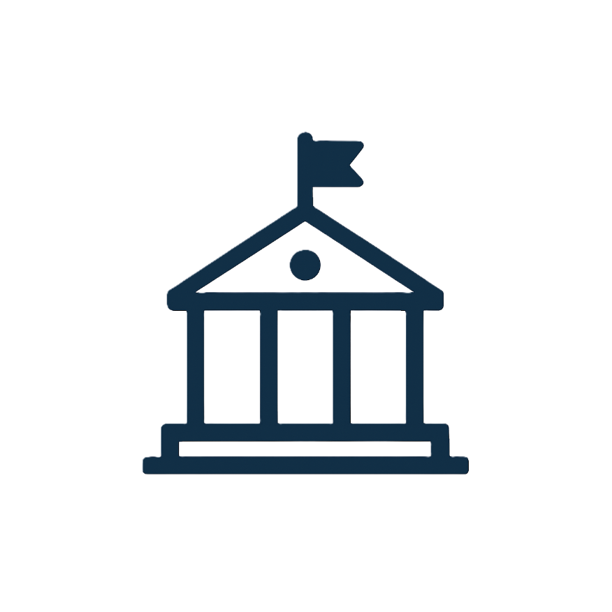 A digital illustration of a courthouse building with a gavel and a red and black striped background, symbolizing justice and legal proceedings.