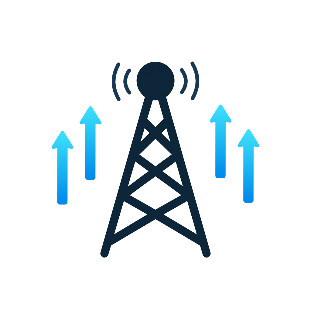 Illustration of a transmission tower with arrows pointing upwards, symbolizing data or energy transmission.