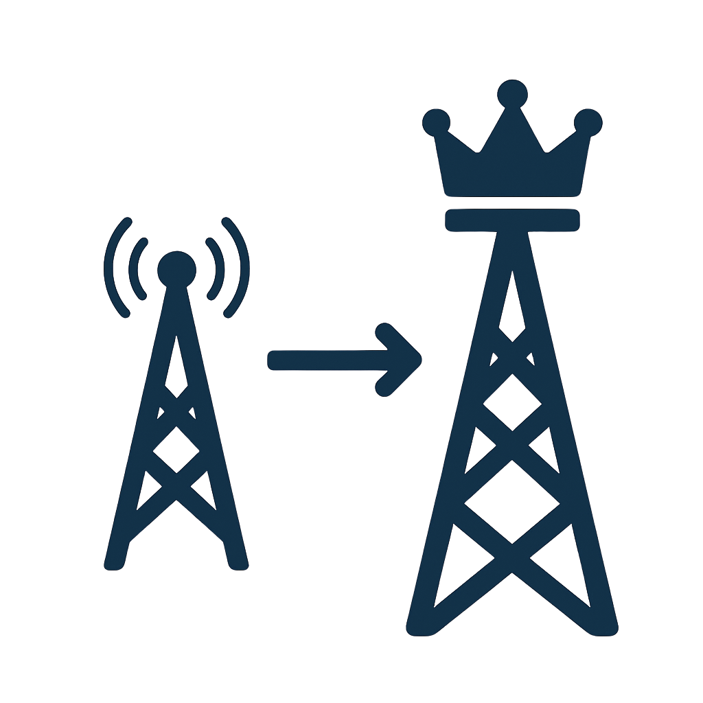 Icon of a wireless signal tower transmitting to a larger tower with a crown on top.