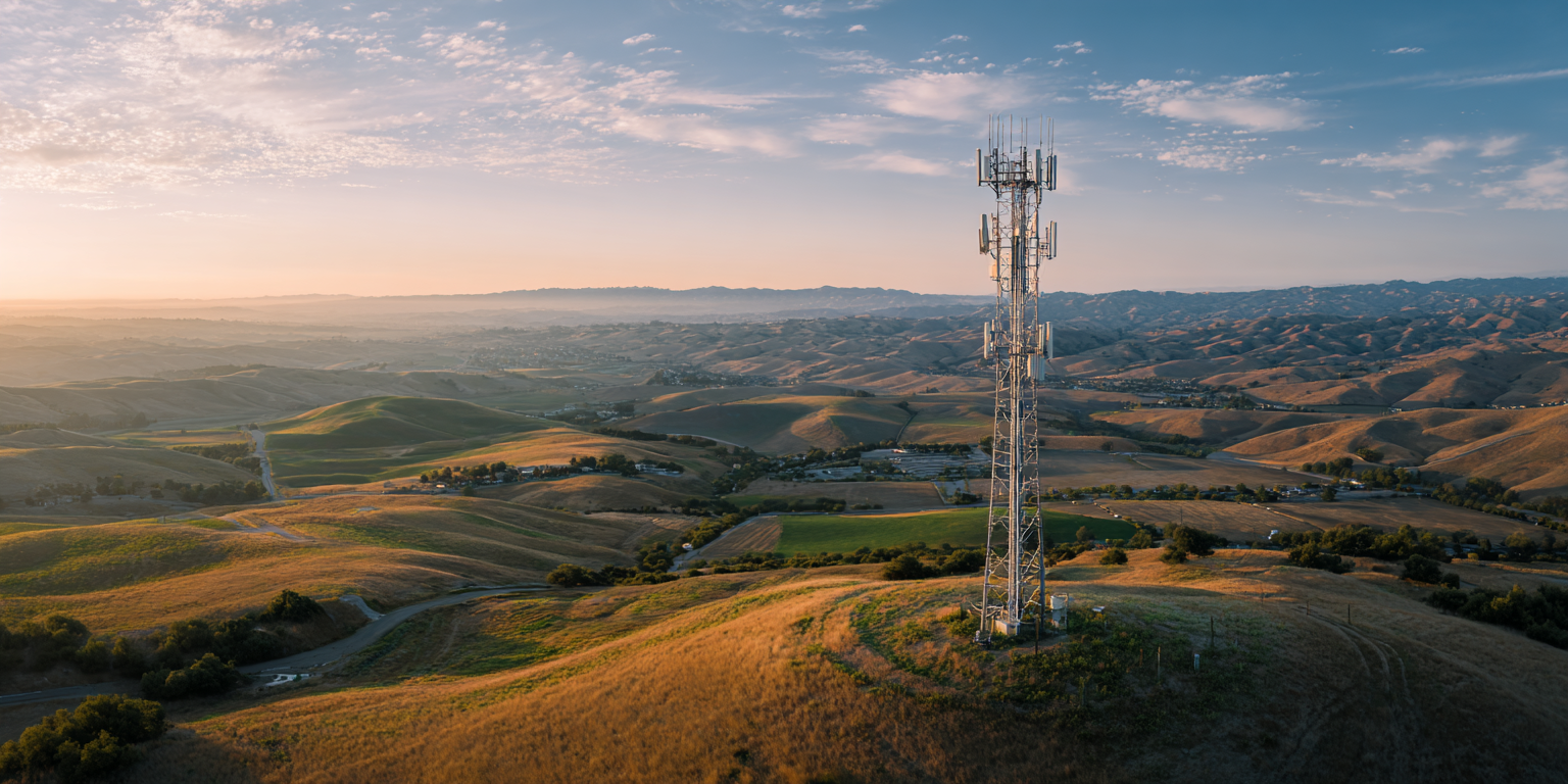 Landscape of rolling hills at sunrise with a tall radio tower in the foreground.