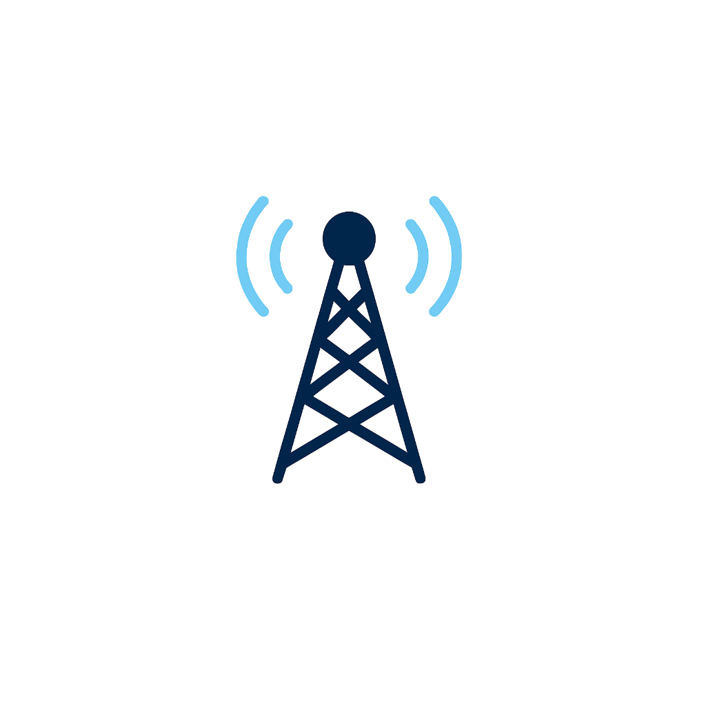 Simple icon of a radio tower emitting signal waves.