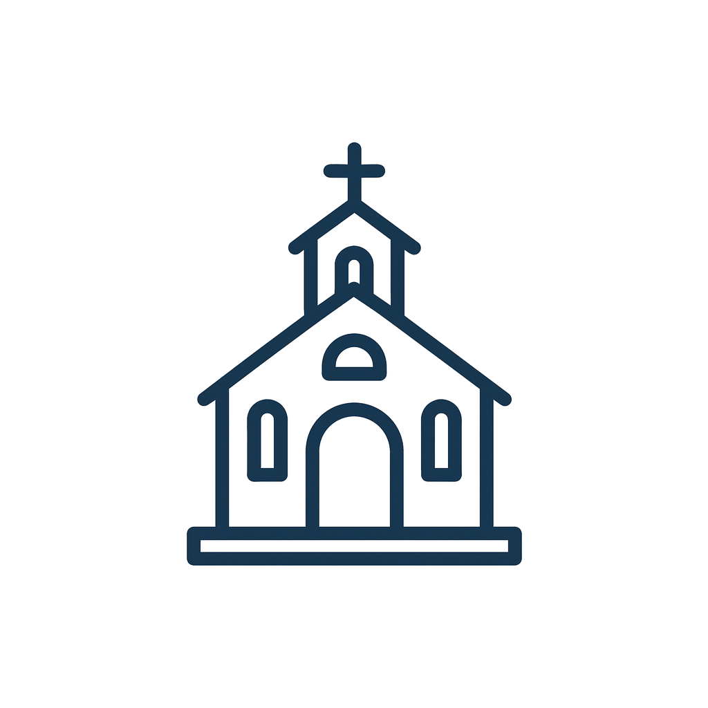 Outline of a church with a steeple and cross on top, dark background.