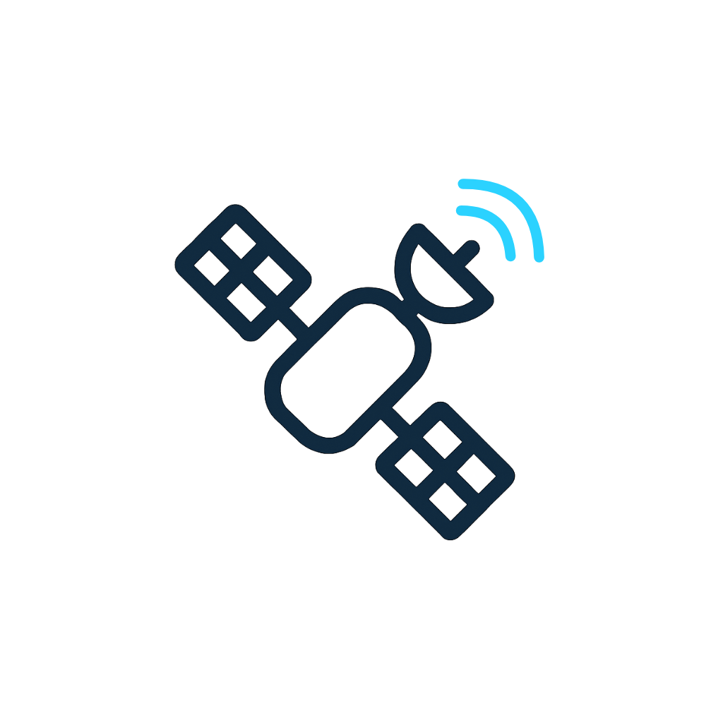Icon of a satellite with signals, indicating communication or satellite technology.