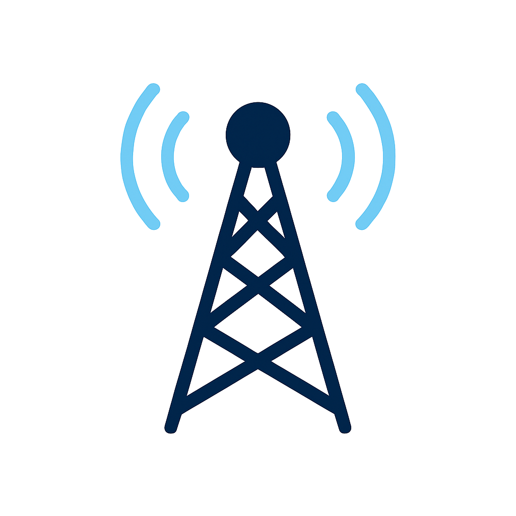 A digital illustration of a radio tower transmitting signals, with a blue background and a partial view of a satellite dish or antenna in the frame.