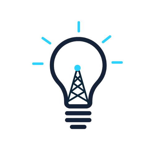 Icon of a light bulb with a transmission tower inside, on a blue background.