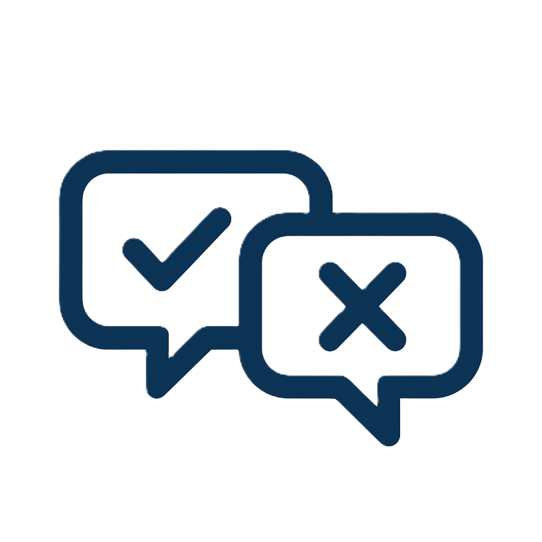 Icon of two speech bubbles, one with a checkmark and the other with an 'X'