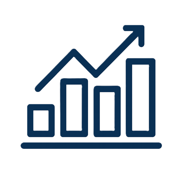 A bar chart with four bars showing increasing growth, with an upward trending line graph overlaid.