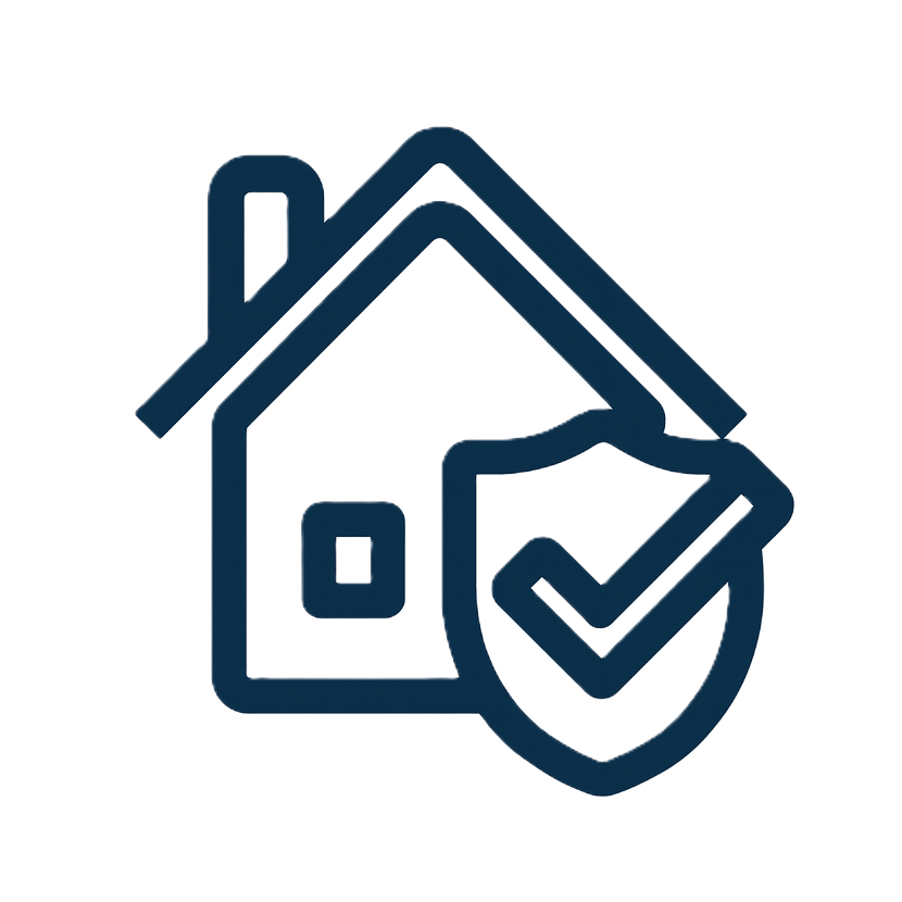 Outline icon of a house with a shield and checkmark, representing home security or verified home status.
