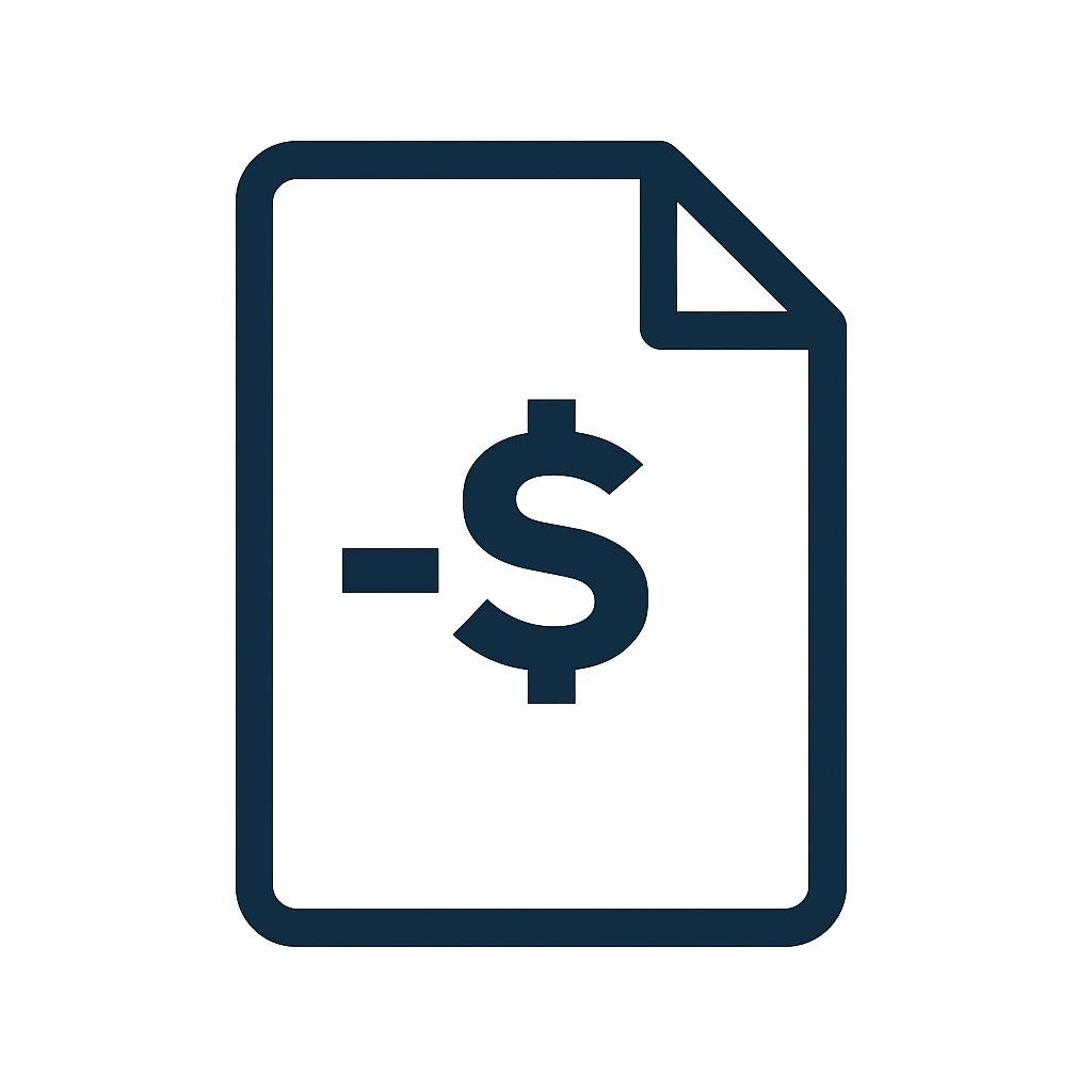 Icon of a document with a dollar sign and a minus sign indicating a negative financial or billing statement.