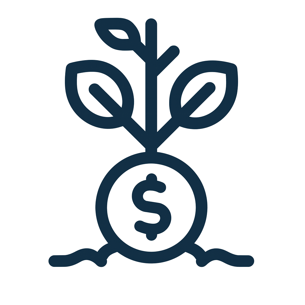A graphic icon of a plant with leaves growing from a coin displaying a dollar sign, symbolizing financial growth or investment.