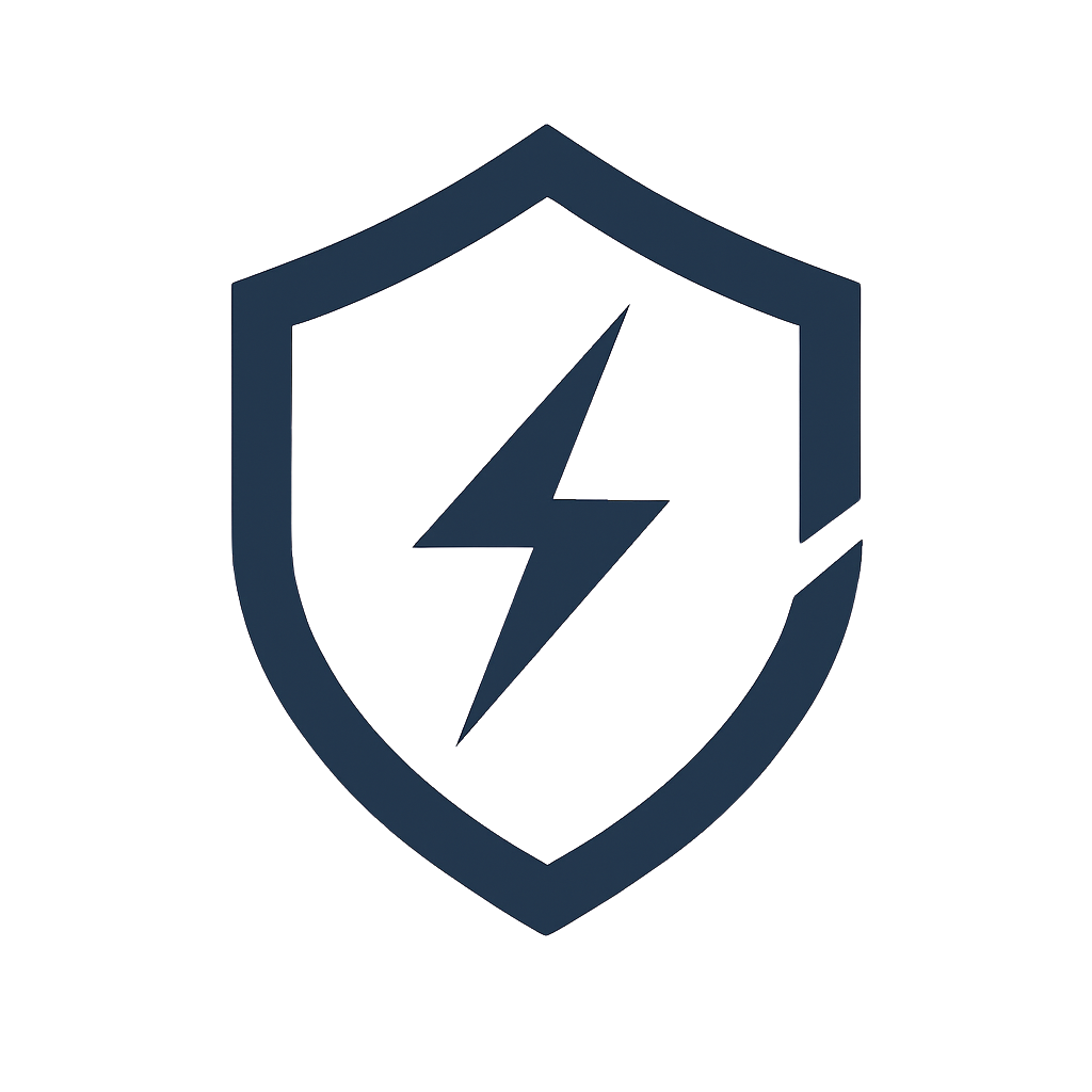 A black shield with a blue outline featuring a blue lightning bolt in the center.