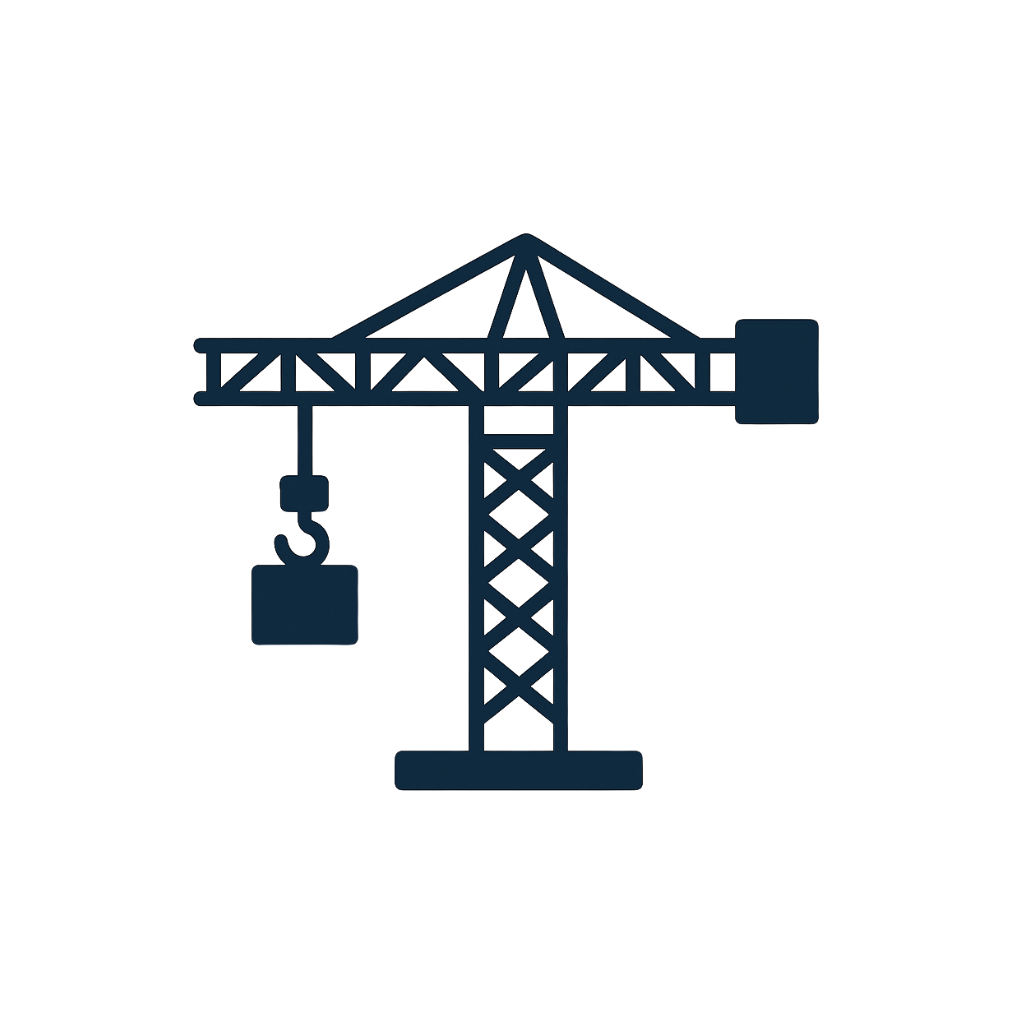 Silhouette of a construction tower crane with a hook and load against a black background.