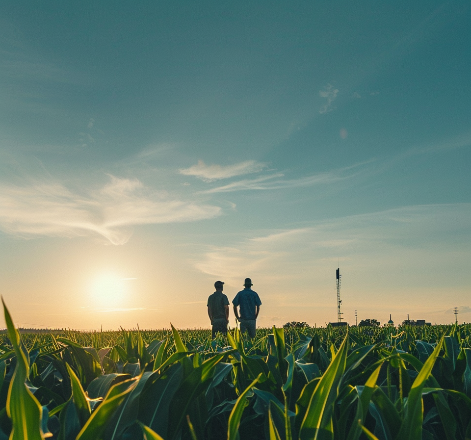 Two people standing in a green cornfield at sunset, with a clear sky and a communication tower in the background.