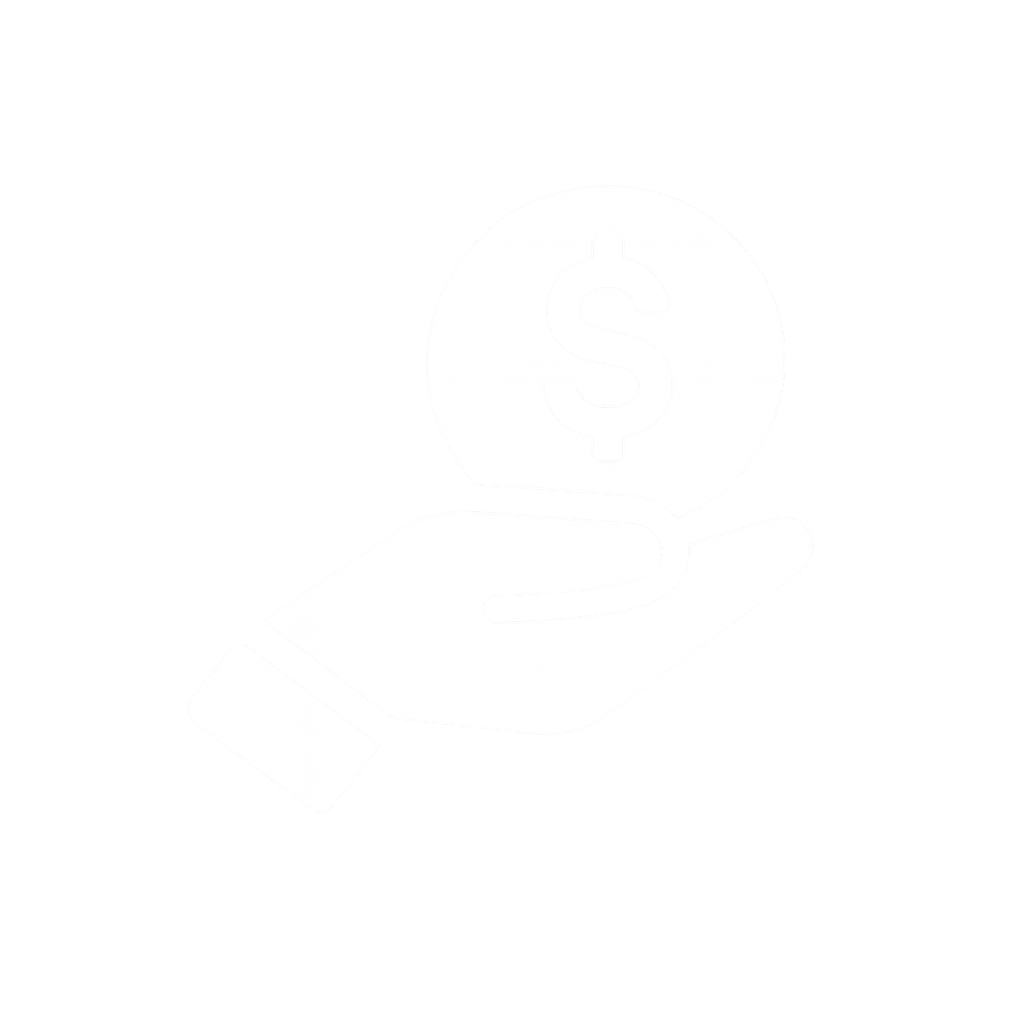 A black and white icon of a hand holding a coin with a dollar sign on it.