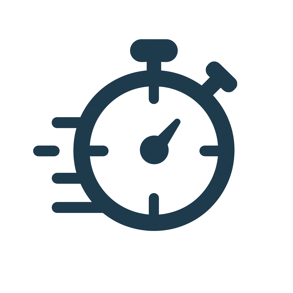 A dark blue stopwatch with motion lines, indicating speed or urgency.