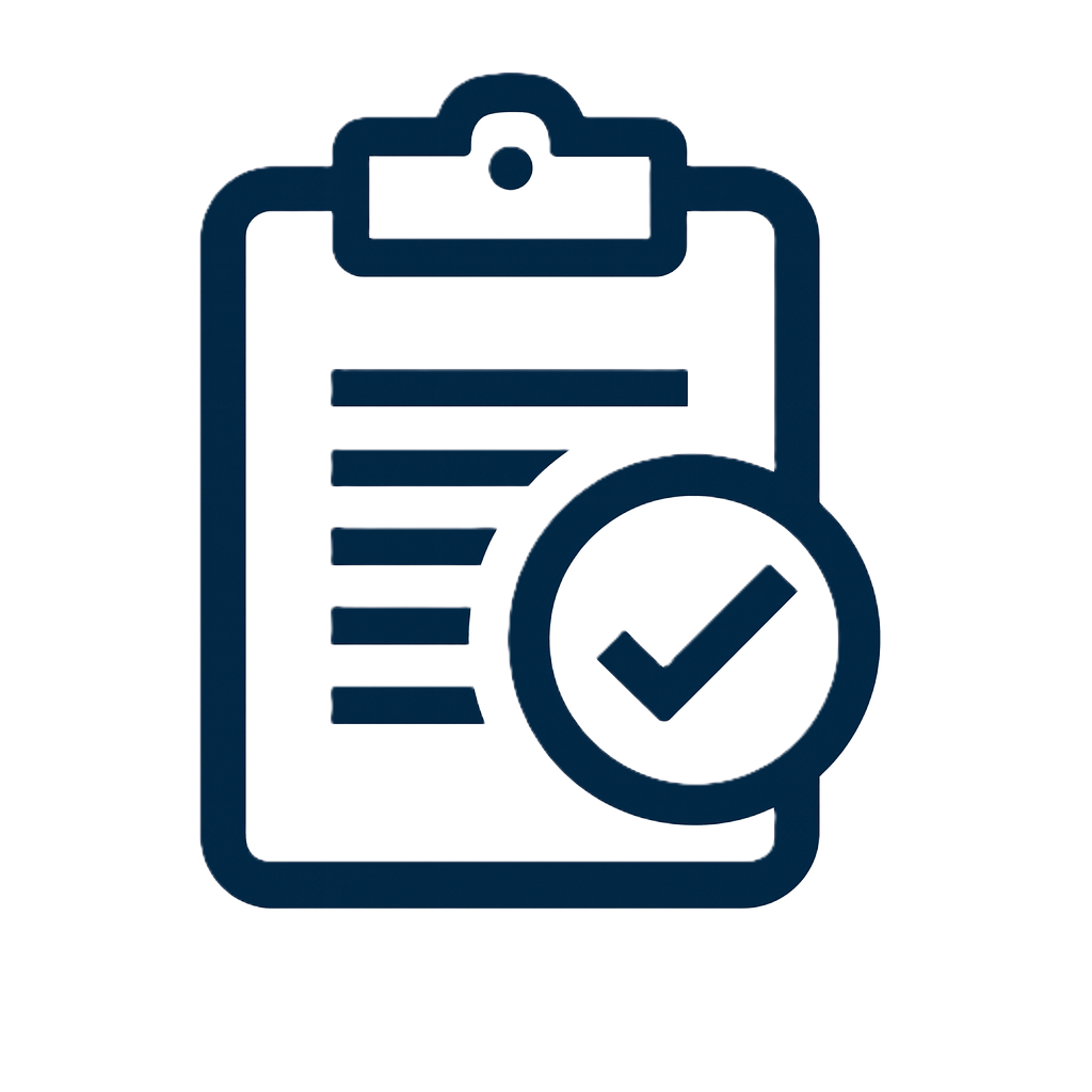 Icon of a clipboard with a checklist and a magnifying glass with a checkmark inside.