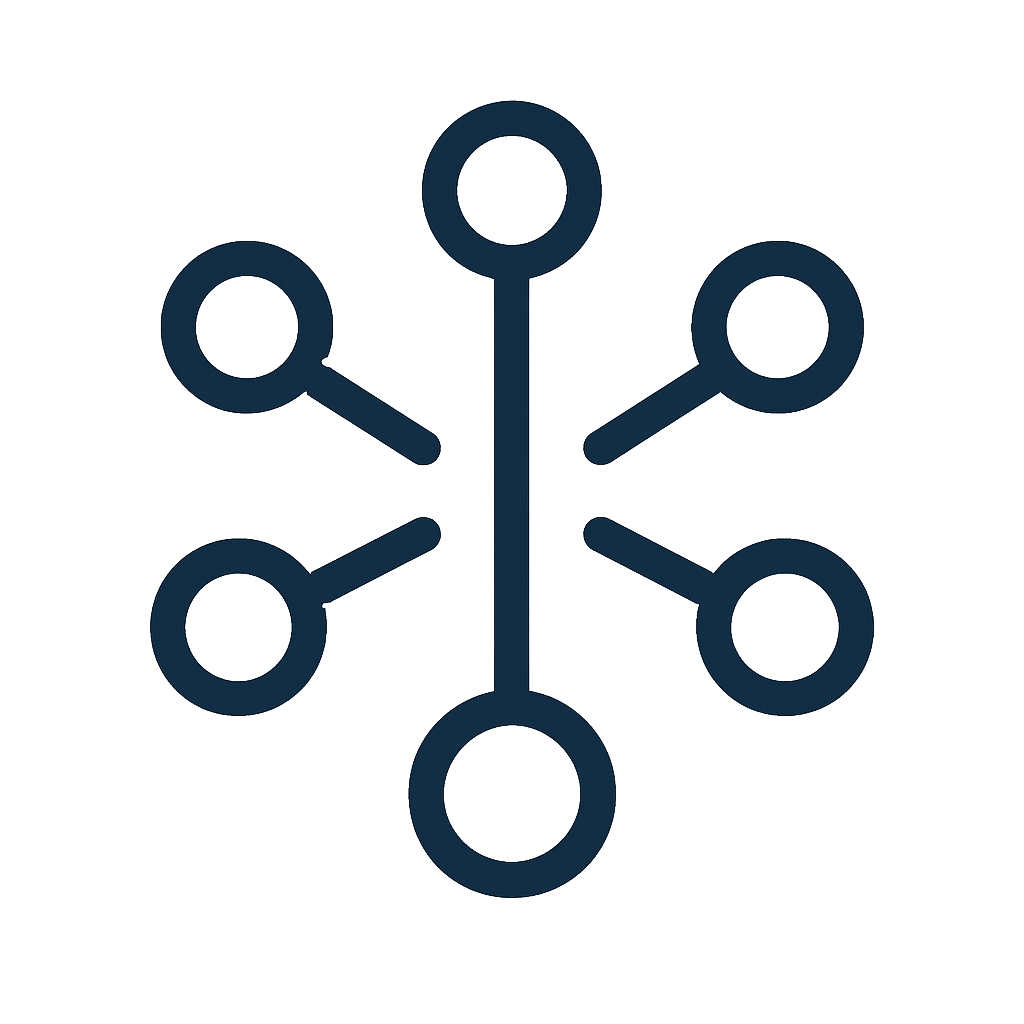 A dark blue network diagram with one central node connected to six outer nodes in a radial pattern