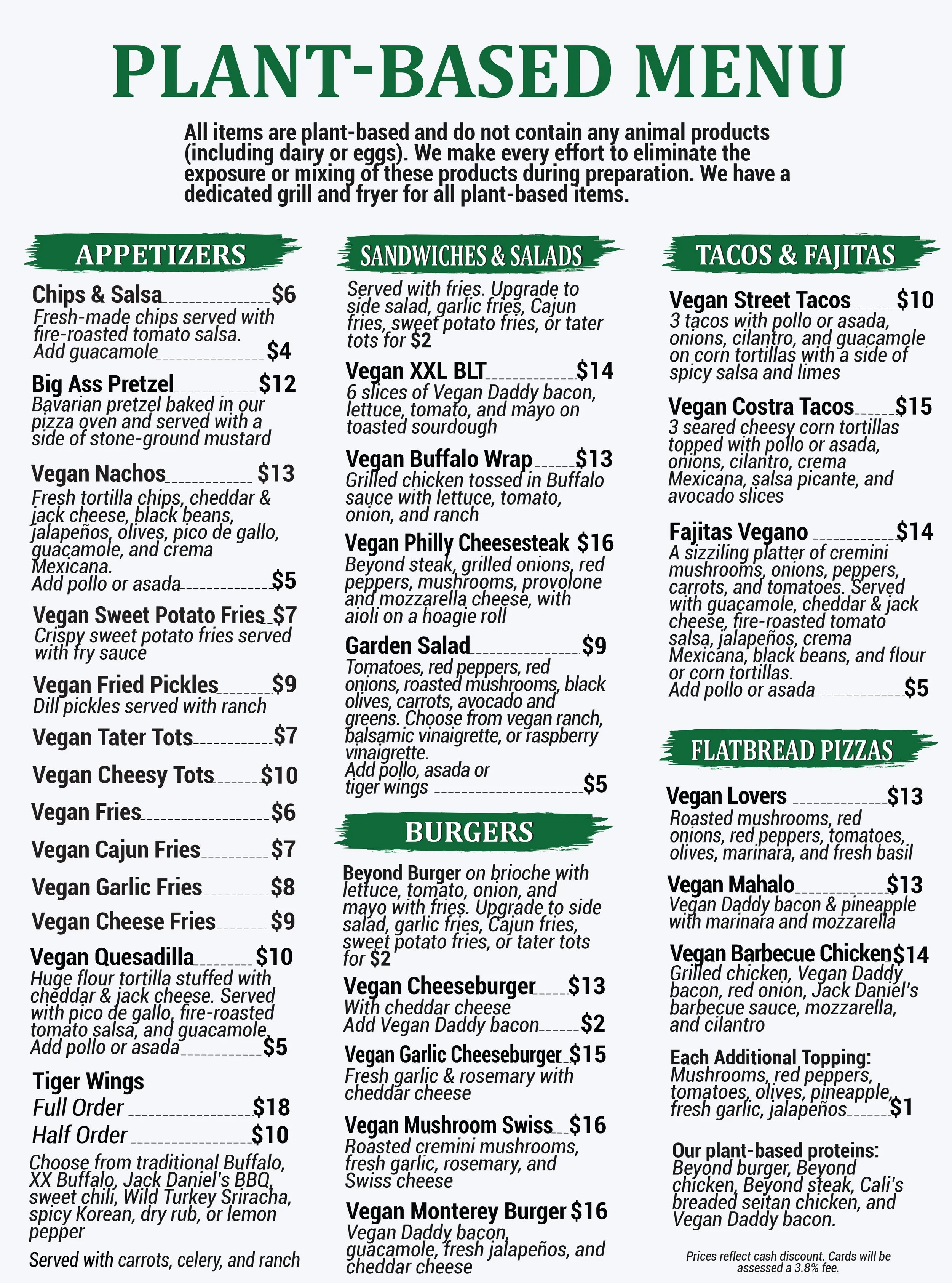 Plant-based menu with sections for appetizers, sandwiches & salads, burgers, tacos & fajitas, and flatbread pizzas, featuring plant-based dishes free of animal products.