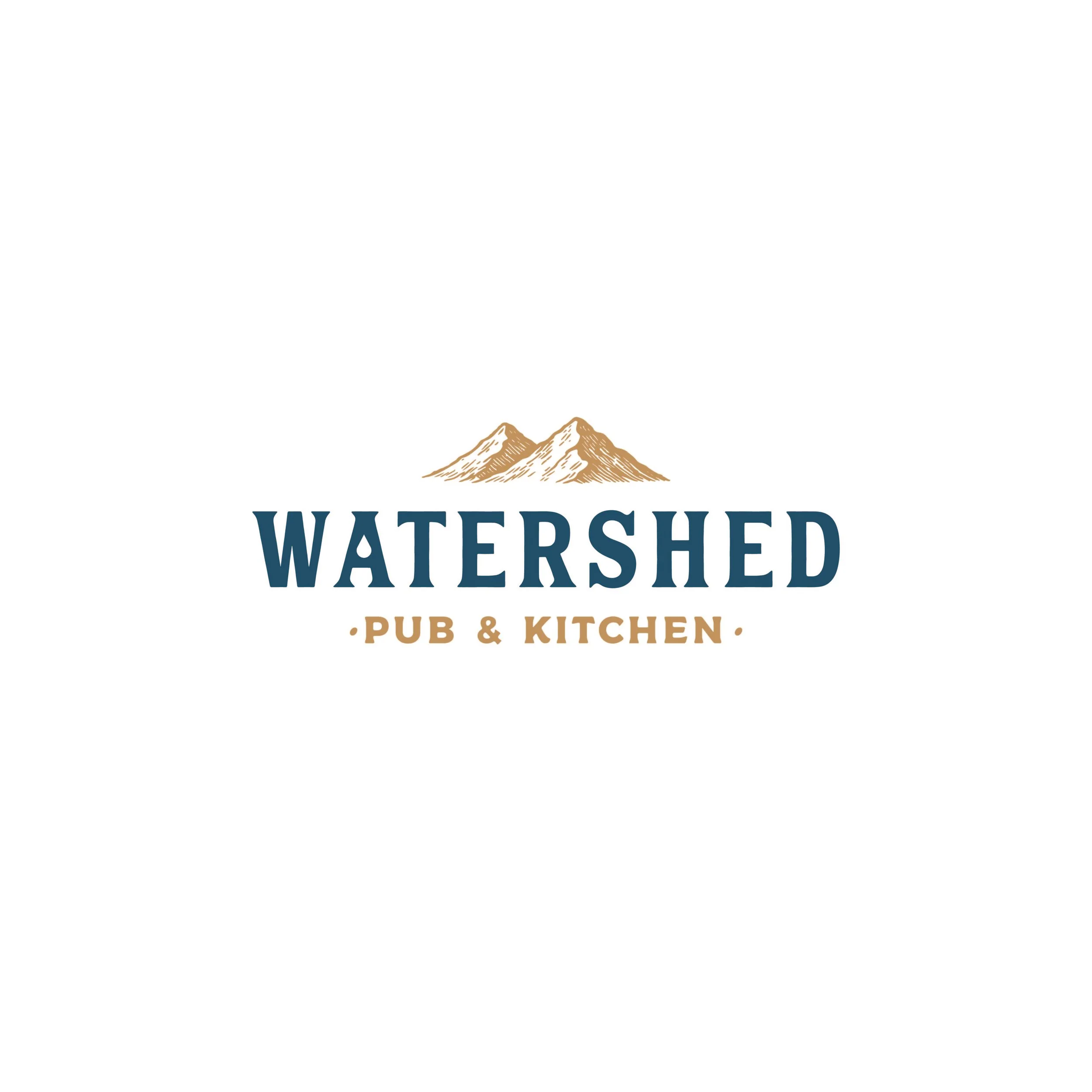 Logo for Watershed Pub & Kitchen featuring mountain illustration and bold text.