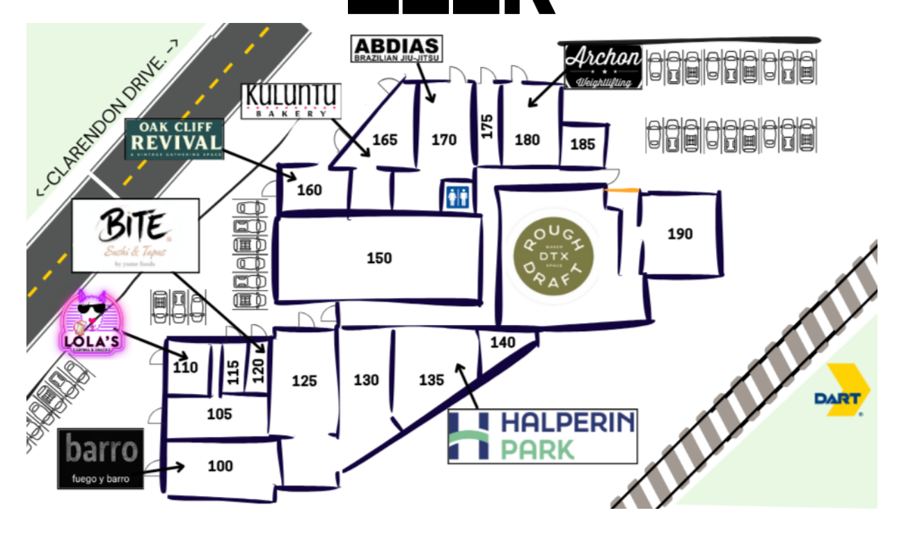 A detailed layout map of an outdoor shopping and entertainment complex with store labels, parking areas, and a train track on the right side.