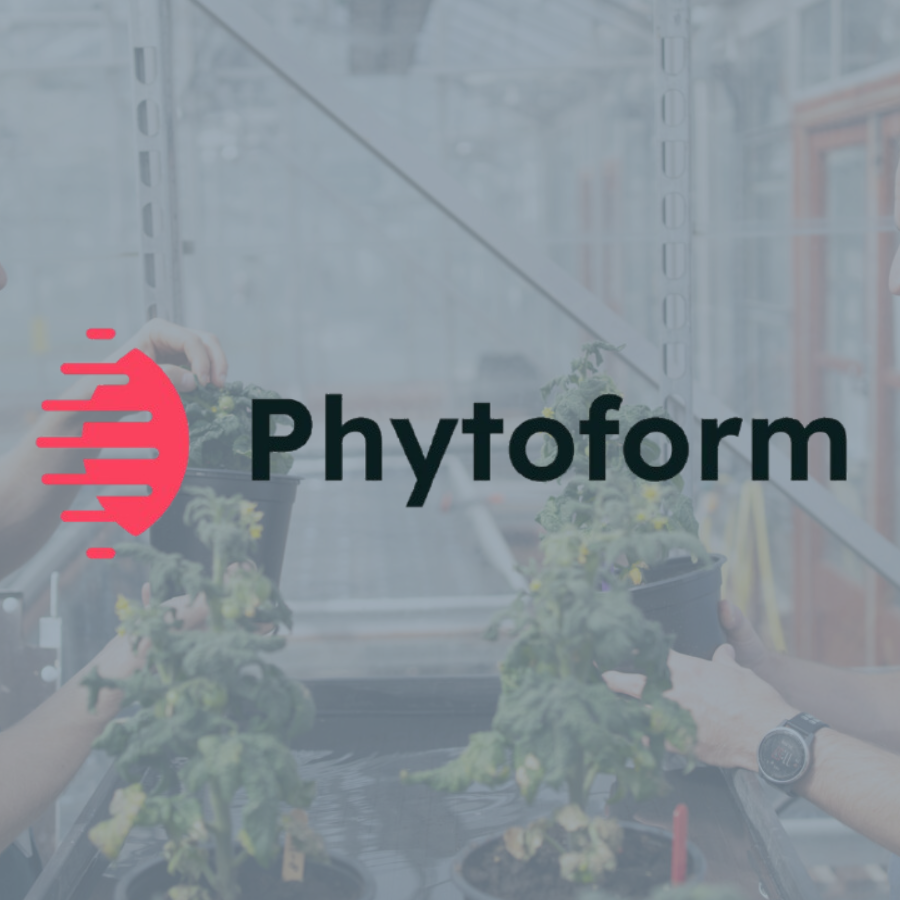Two people working with potted plants in a greenhouse, with the 'Phytoform' logo overlayed.