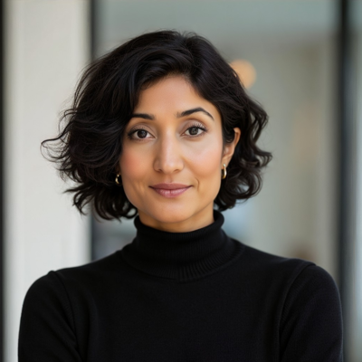 Close-up of woman with dark curly hair wearing a black turtleneck, looking at the camera with a neutral expression, indoors with blurred background.