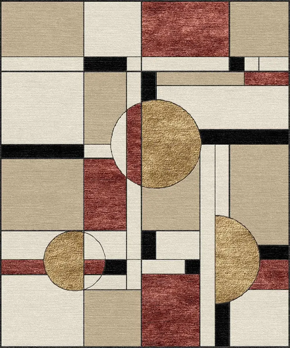 Tapis d'inspiration géométrique avec rectangles, carrés, cercles et lignes en noir, blanc, beige, rouge et or.