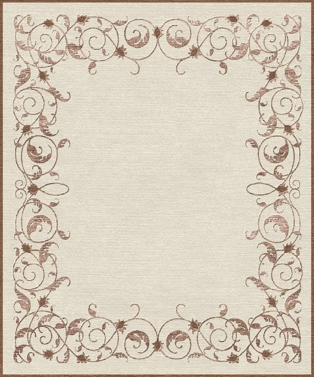 Un tapis beige avec un motif de bordure en scrolls et feuilles de couleur marron clair.