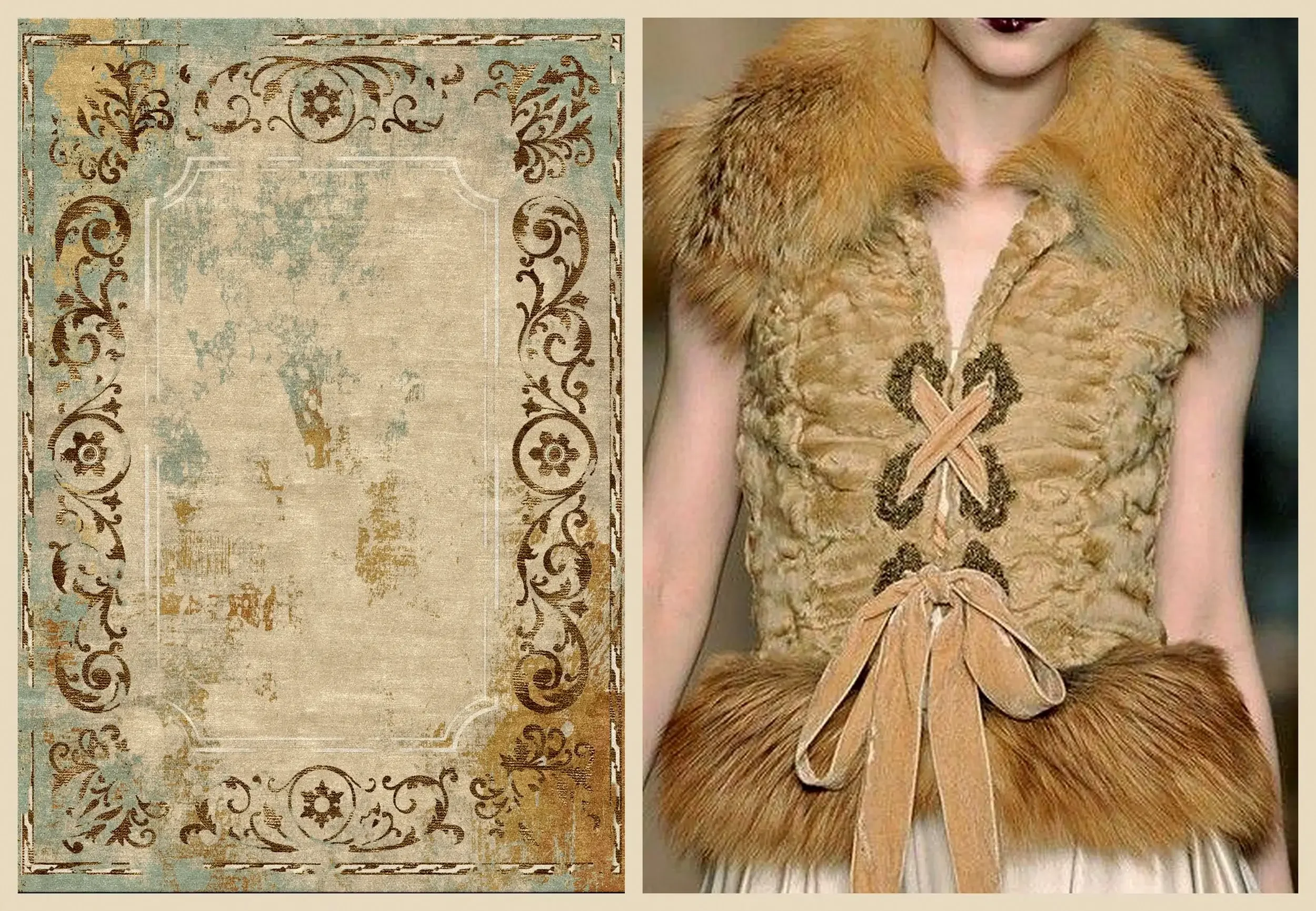 Une vieille tapisserie avec un motif floral et un centre vide, et une mannequin portant un vêtement en fourrure avec un col et une fermeture en ruban.