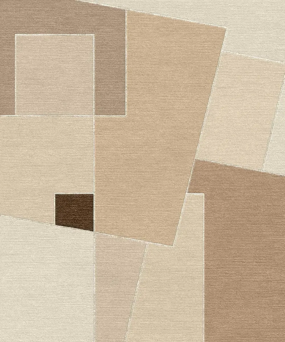 Tapisserie géométrique avec des formes rectangulaires en différentes nuances de beige et de brun.