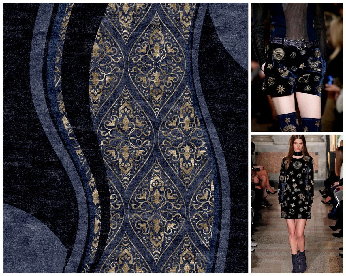 Détail d'un tissu avec un motif doré en style ornemental, accompagné de deux photos de mannequins portant des vêtements avec des motifs similaires sur une runway.