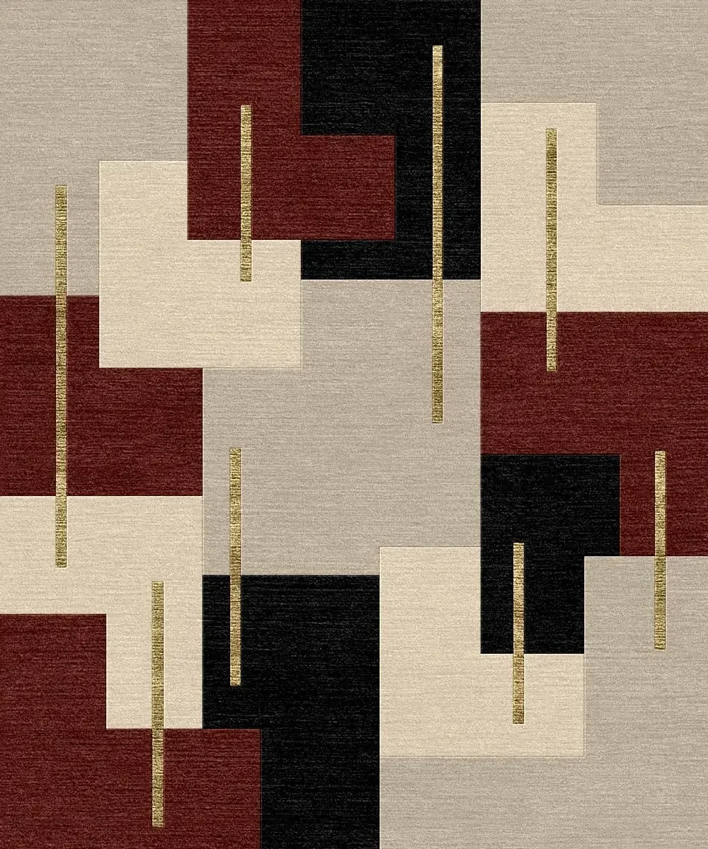 Tapis géométrique avec carrés en beige, rouge foncé, noir et lignes dorées verticales.