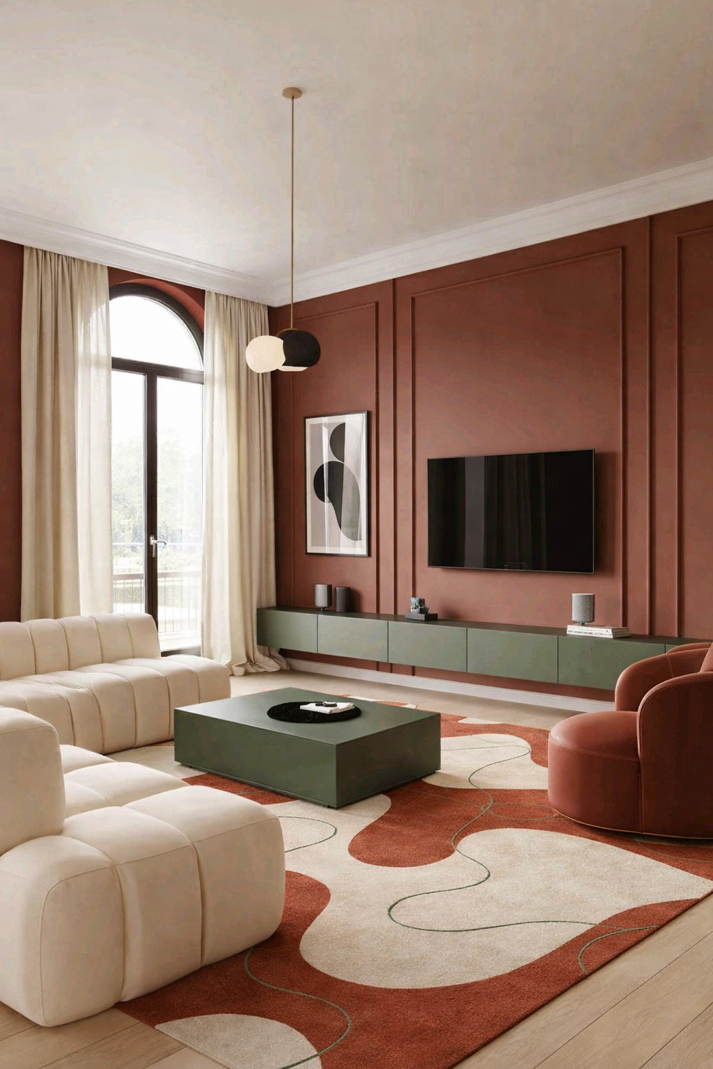 A modern living room featuring a curved beige sofa with orange and beige cushions, an abstract painting in warm tones, windows with wrought-iron railings, and a ceiling decorated with classic moldings.